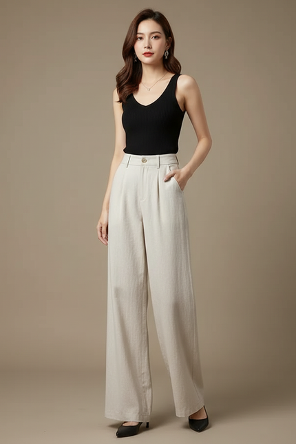 Pantalon Beige Lin Taille Haute Large Fluide
