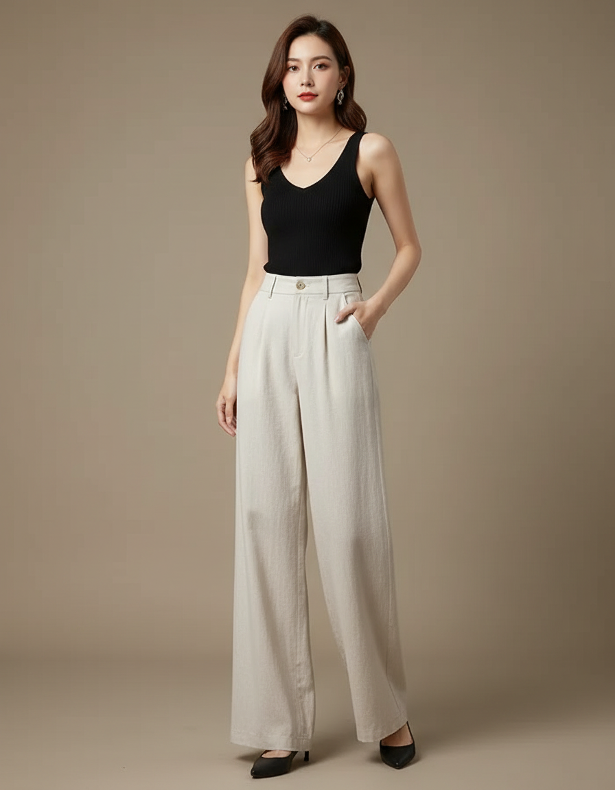 Pantalon Beige Lin Taille Haute Large Fluide