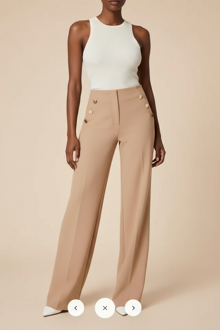 Pantalon Beige Taille Haute Boutons Dorés Élégant Large - Polyester