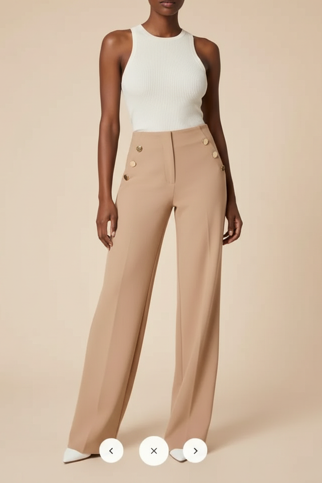 Pantalon Beige Taille Haute Boutons Dorés Élégant Large - Polyester
