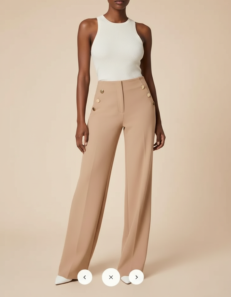 Pantalon Beige Taille Haute Boutons Dorés Élégant Large - Polyester