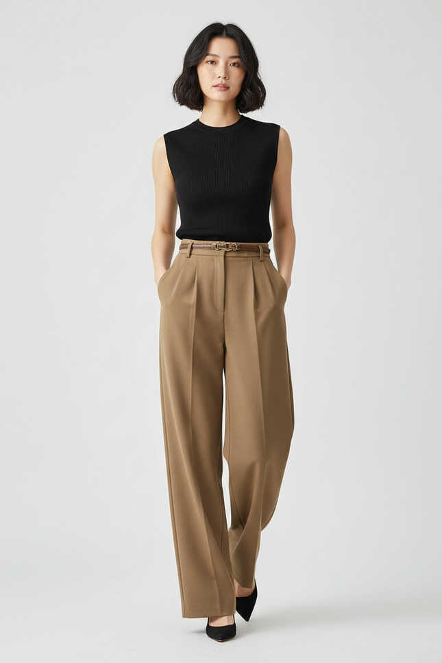 Pantalon Tailleur Femme Beige - Kaki Gabardine