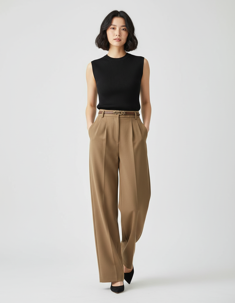 Pantalon Tailleur Femme Beige - Kaki Gabardine