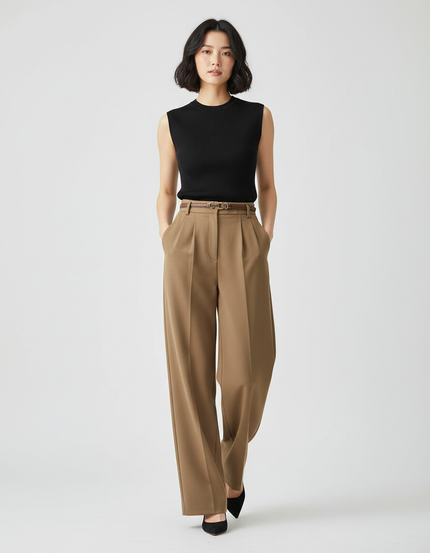Pantalon Tailleur Femme Beige - Kaki Gabardine