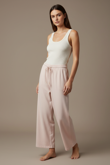 Pantalon Beige Ample Coton Doux Décontracté Femme - Rose Molleton