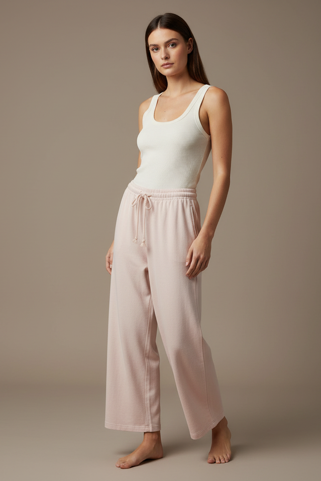 Pantalon Beige Ample Coton Doux Décontracté Femme - Rose Molleton