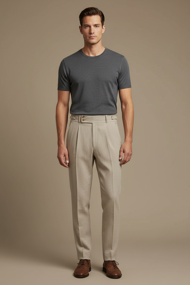 Pantalon Beige Plissé Droit Coton Élégant Homme