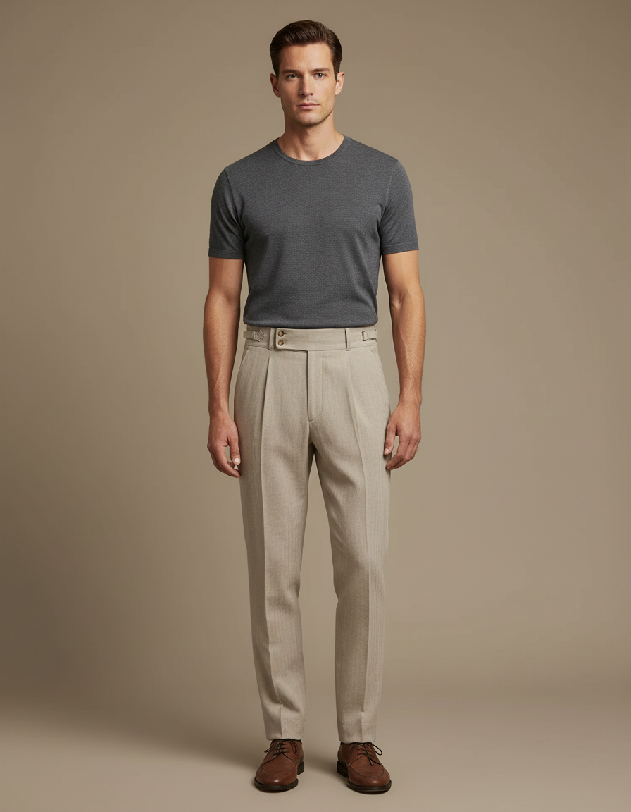 Pantalon Beige Plissé Droit Coton Élégant Homme