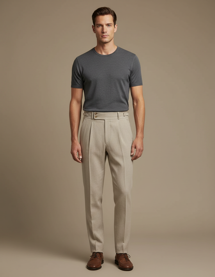 Pantalon Beige Plissé Droit Coton Élégant Homme