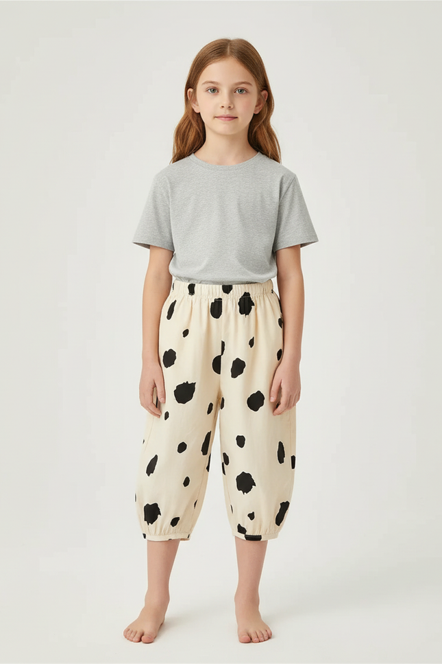 Pantalon Beige Ample Coton Pois Fille
