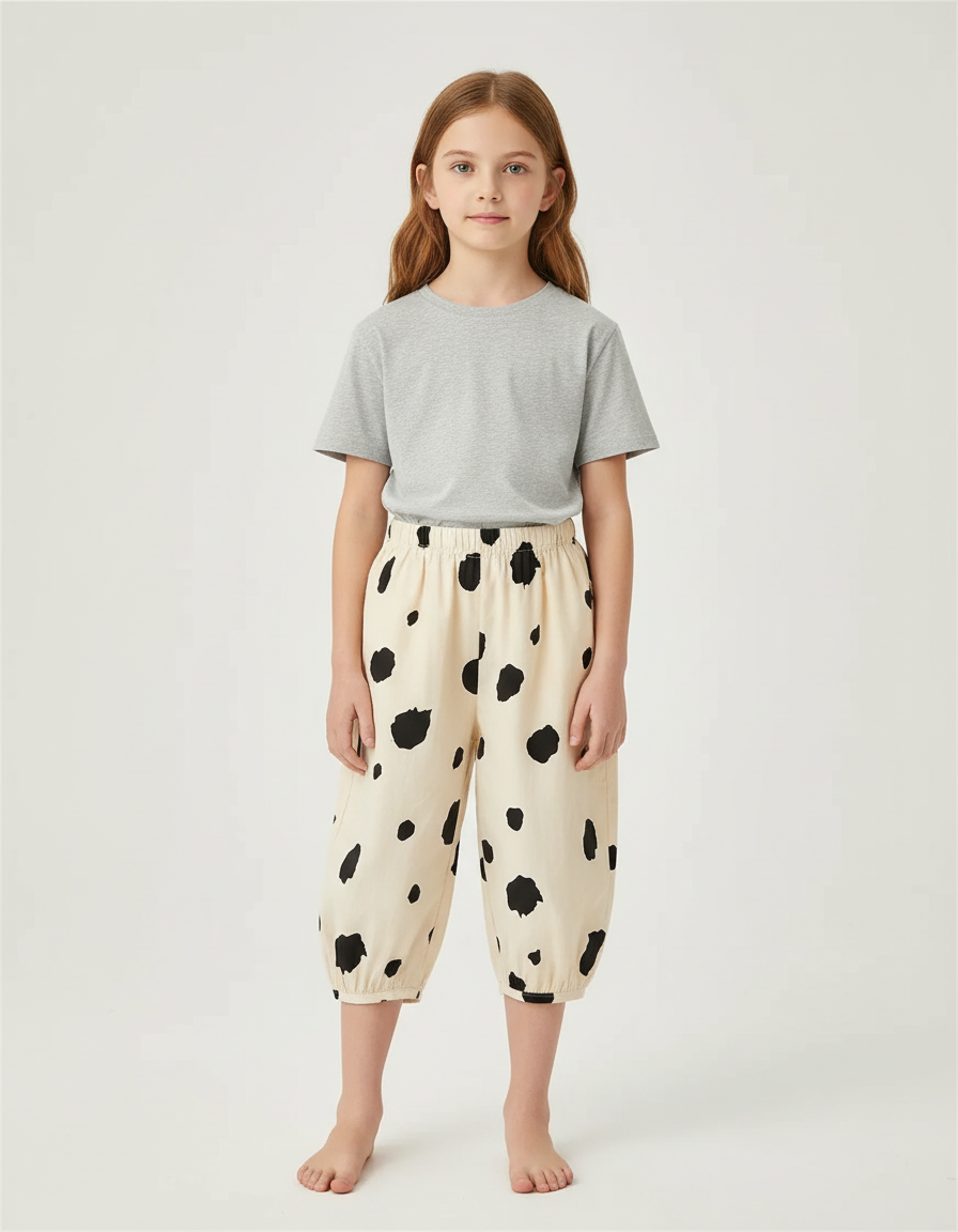 Pantalon Beige Ample Coton Pois Fille