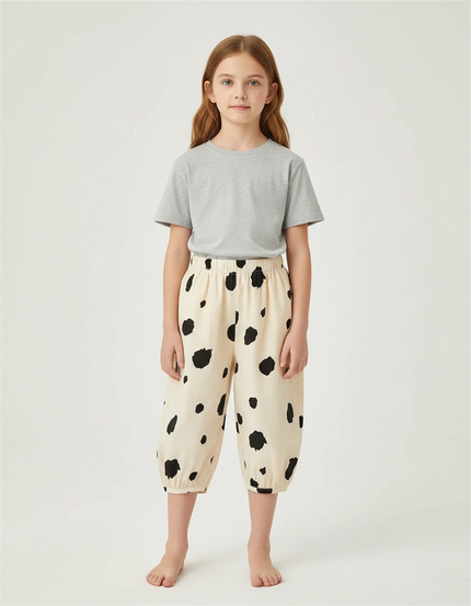 Pantalon Beige Ample Coton Pois Fille