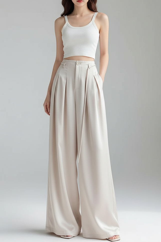 Pantalon Beige Satiné Ample Fluide Élégant Taille Haute