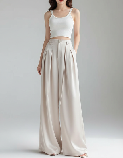 Pantalon Beige Satiné Ample Fluide Élégant Taille Haute