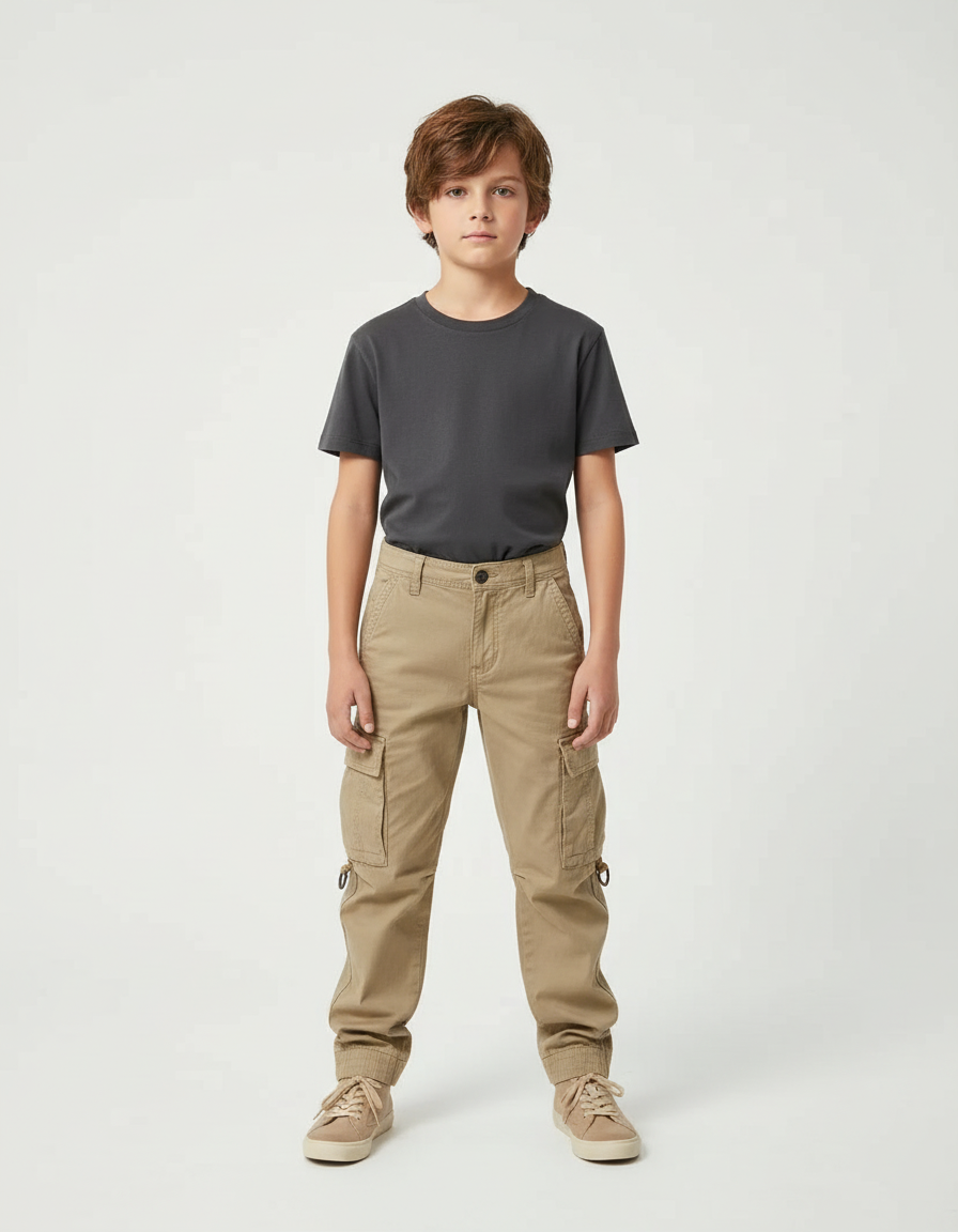 Pantalon Beige Cargo Robuste Décontracté Jogger Garçon - Toile
