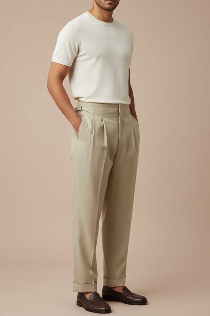 Pantalon Beige Plissé Ajustable Classique Élégant Homme - Laine