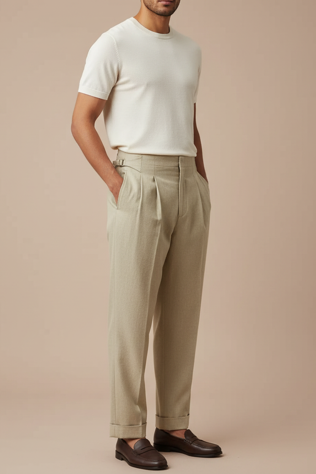 Pantalon Beige Plissé Ajustable Classique Élégant Homme - Laine