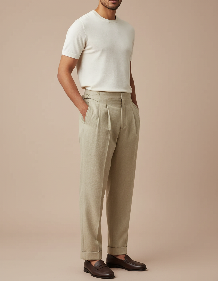 Pantalon Beige Plissé Ajustable Classique Élégant Homme - Laine