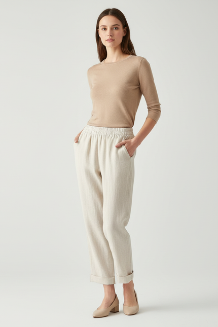 Pantalon Beige Lin Ample Décontracté Fluide Femme
