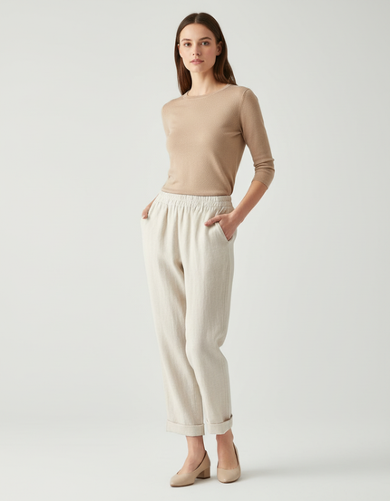 Pantalon Beige Lin Ample Décontracté Fluide Femme