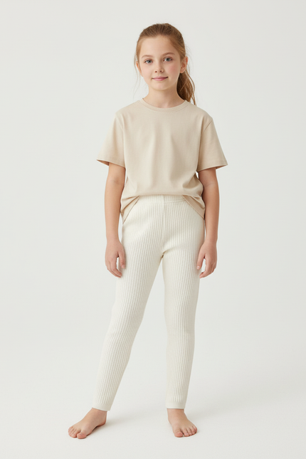 Pantalon Beige Côtelé Élastique Fille Confortable - Maille