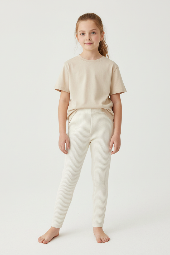 Pantalon Beige Côtelé Élastique Fille Confortable - Maille