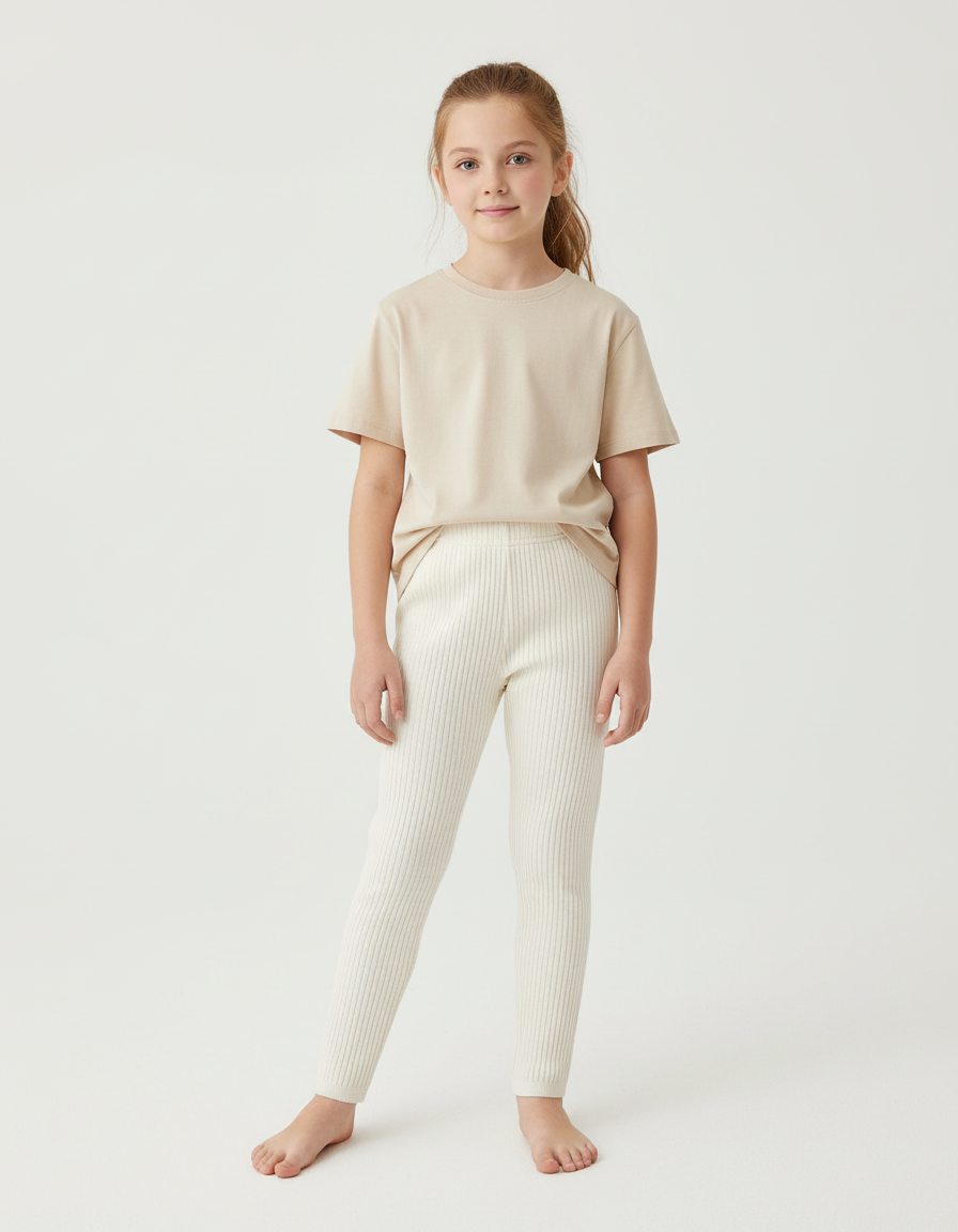 Pantalon Beige Côtelé Élastique Fille Confortable - Maille