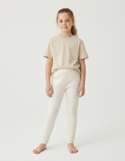 Pantalon Beige Côtelé Élastique Fille Confortable - Maille
