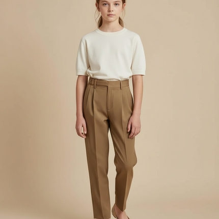 Pantalon Beige Conique Taille Haute Élégant Plissé - Kaki Gabardine