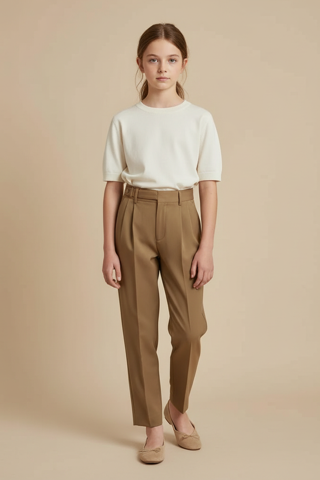 Pantalon Beige Conique Taille Haute Élégant Plissé - Kaki Gabardine