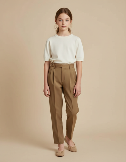 Pantalon Beige Conique Taille Haute Élégant Plissé - Kaki Gabardine