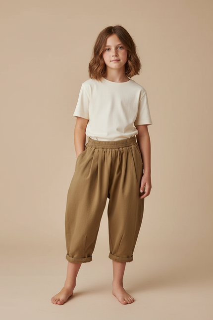 Pantalon Beige Ample Coton Enfant Décontracté Tendance - Kaki Molleton