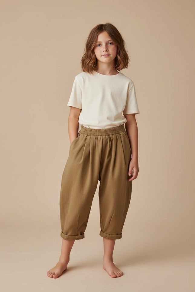 Pantalon Beige Ample Coton Enfant Décontracté Tendance - Kaki Molleton