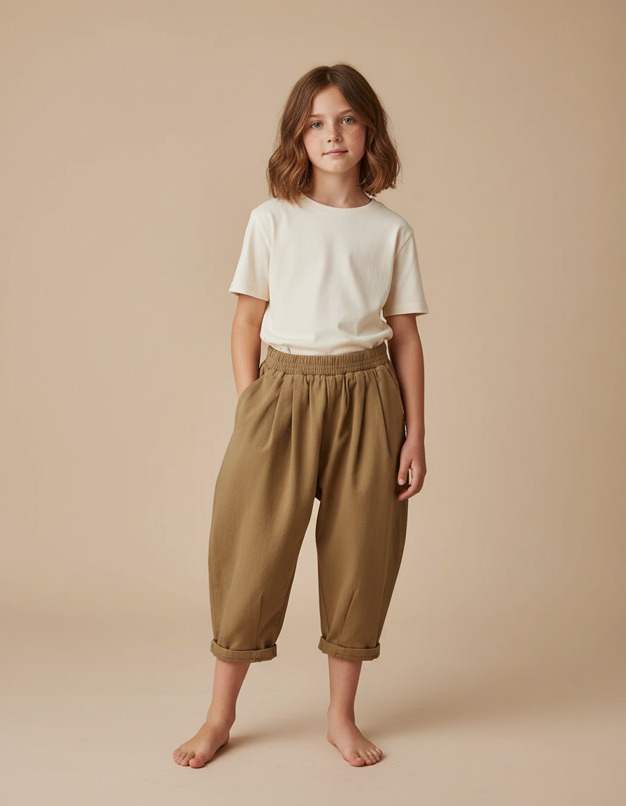 Pantalon Beige Ample Coton Enfant Décontracté Tendance - Kaki Molleton