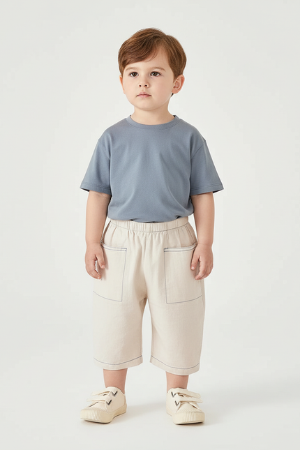 Pantalon Beige Coton Ample Garçon Décontracté Léger