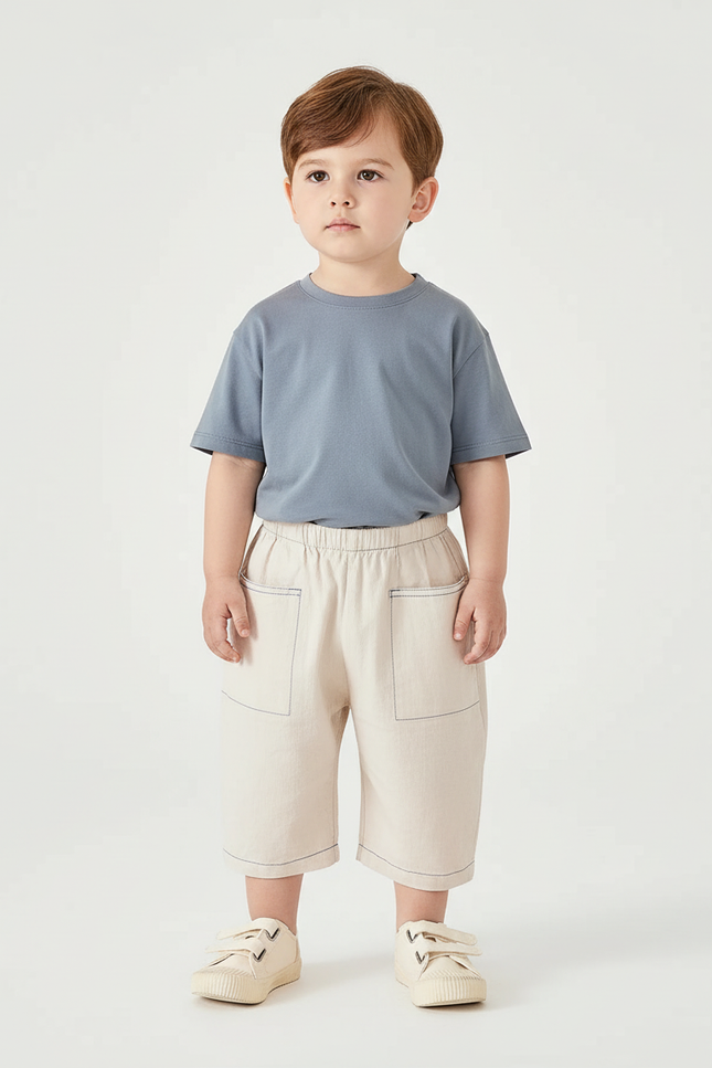 Pantalon Beige Coton Ample Garçon Décontracté Léger