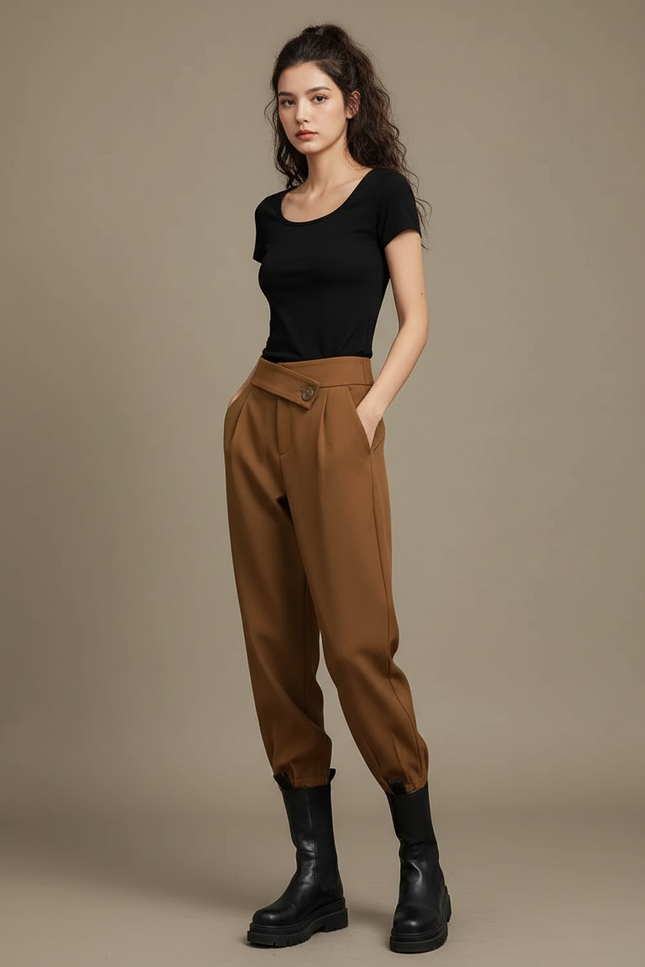 Pantalon Beige Ample Taille Haute Décontracté Élégant - Camel Gabardine