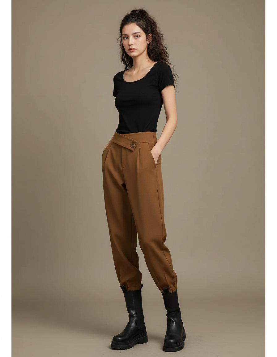 Pantalon Beige Ample Taille Haute Décontracté Élégant - Camel Gabardine
