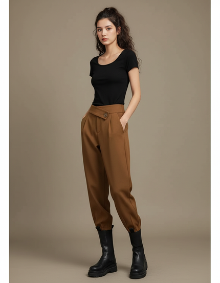 Pantalon Beige Ample Taille Haute Décontracté Élégant - Camel Gabardine