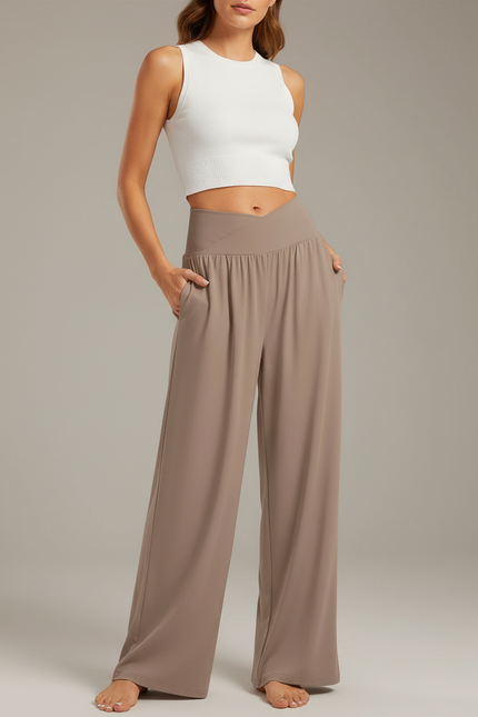 Pantalon Beige Fluide Ample Taille Haute Confortable - Viscose