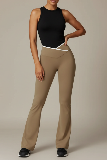 Pantalon Beige Évasé Taille Haute Yoga Sport - Polyester
