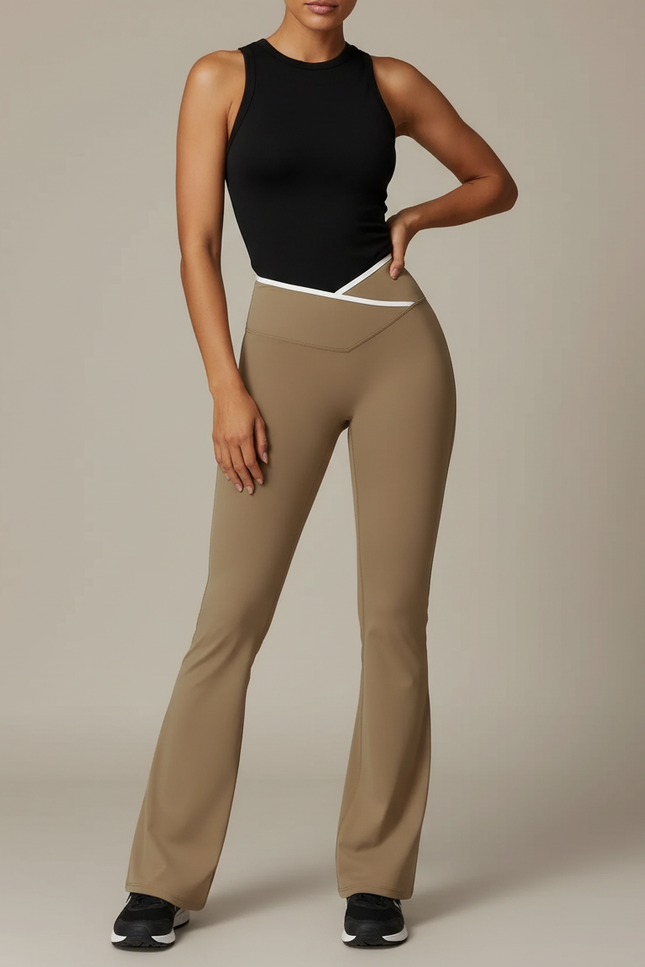 Pantalon Beige Évasé Taille Haute Yoga Sport - Polyester