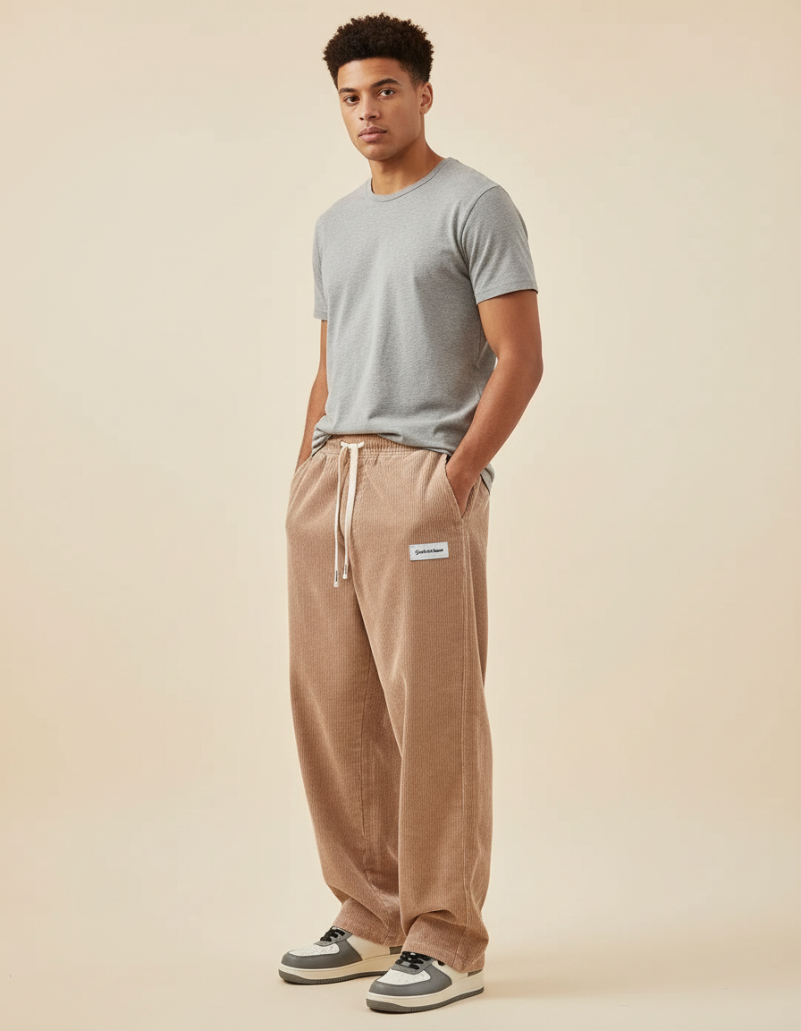 Pantalon Beige Corduroy Ample Décontracté Homme - Cordé