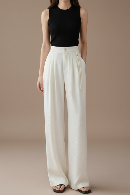 Pantalon Beige Satiné Ample Jacquard Fluide Élégant
