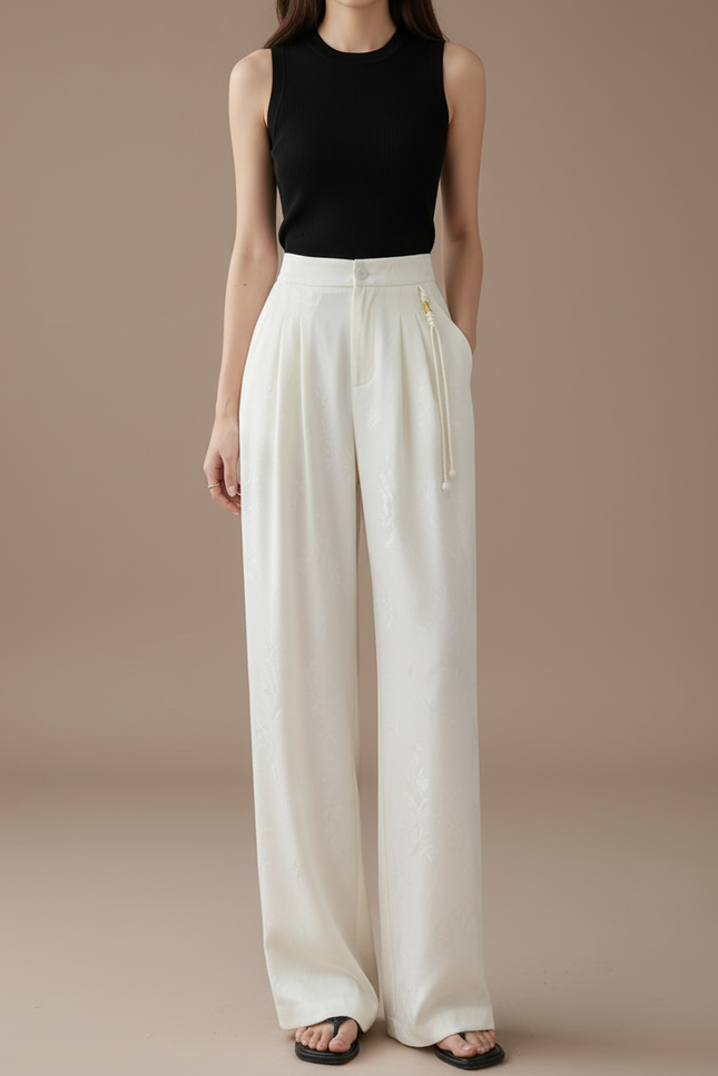 Pantalon Beige Satiné Ample Jacquard Fluide Élégant