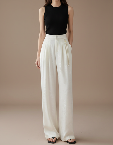 Pantalon Beige Satiné Ample Jacquard Fluide Élégant
