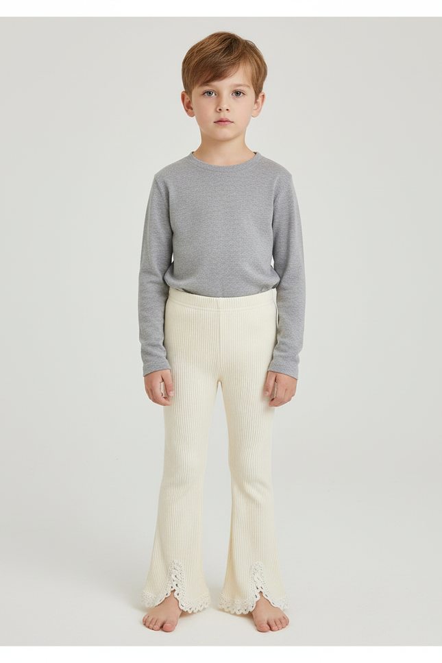 Pantalon Beige Côtelé Tricoté Évasé Dentelle Enfant - Maille