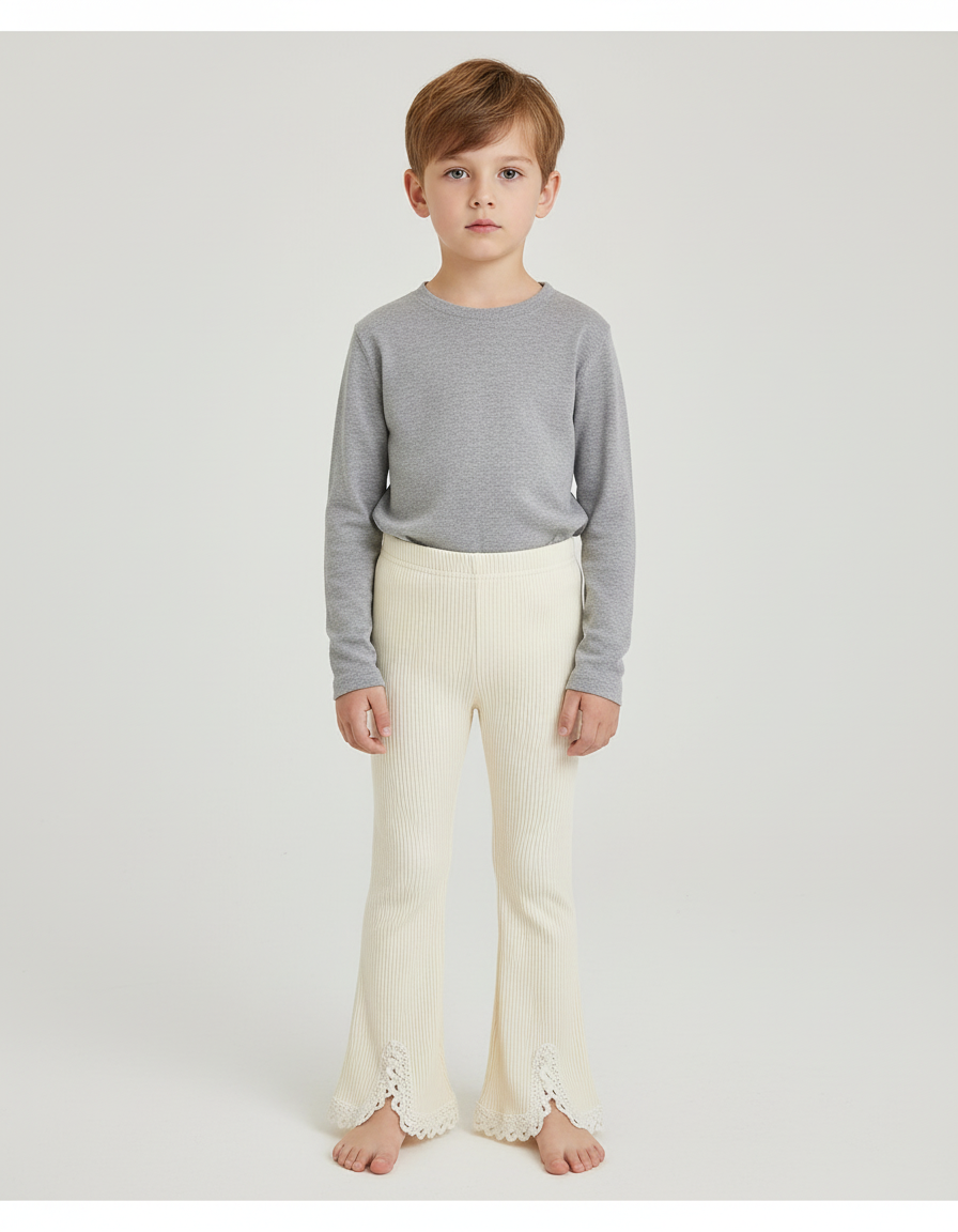 Pantalon Beige Côtelé Tricoté Évasé Dentelle Enfant - Maille