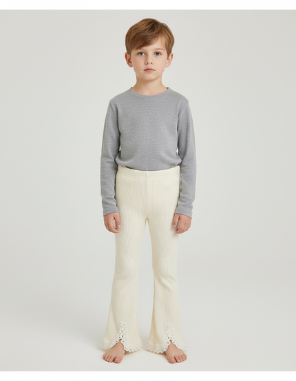 Pantalon Beige Côtelé Tricoté Évasé Dentelle Enfant - Maille