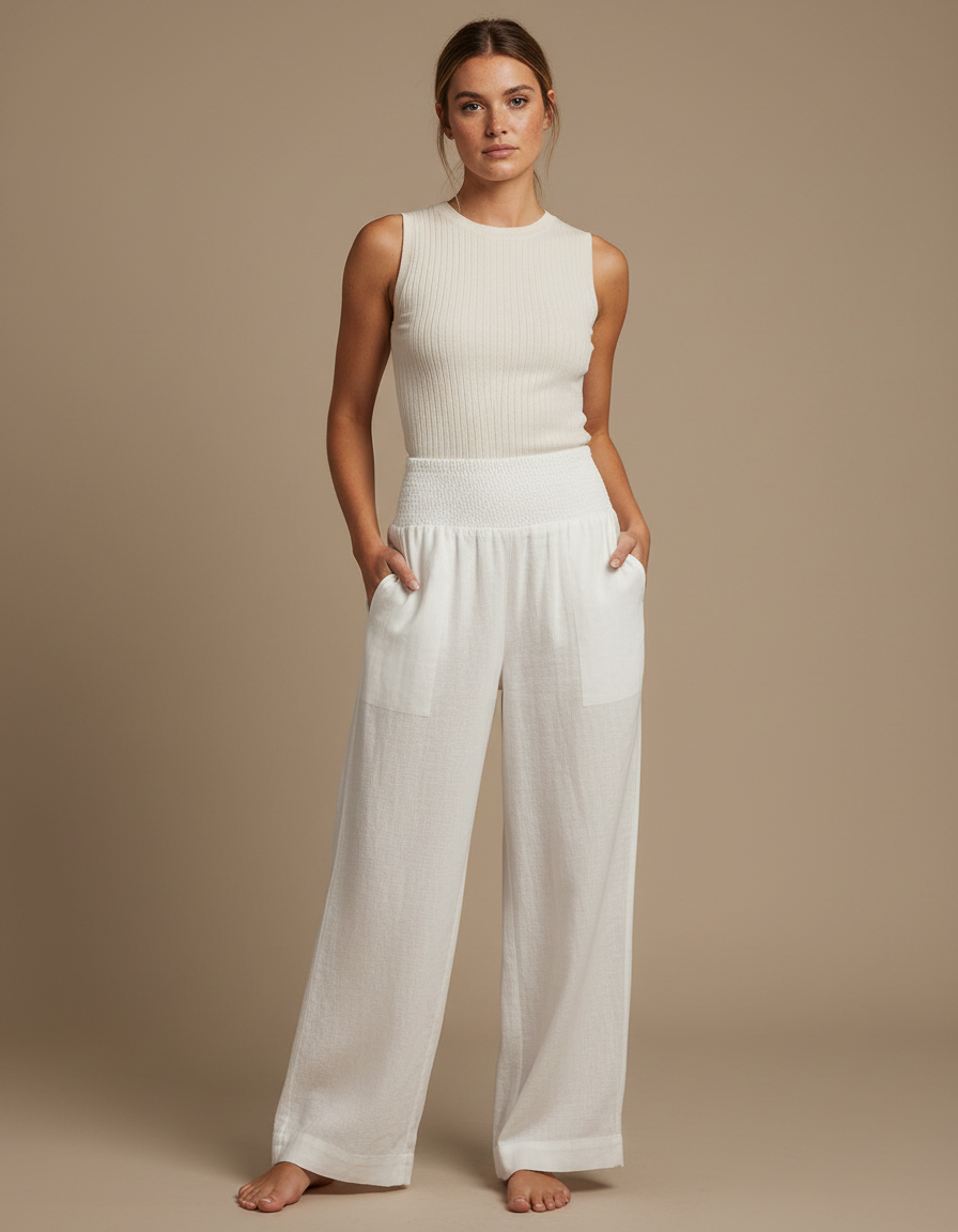 Pantalon Beige 2e8c - Blanc Lin
